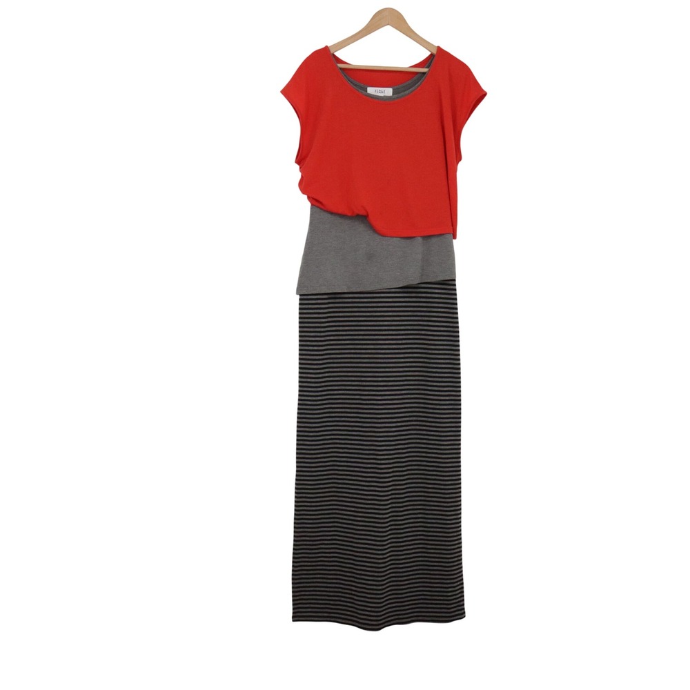 Stacy Chang Maxi Dress Womens M Layered Colorblock Orange Grey Striped Excellent